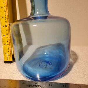 Vintage Blue Blenko Glass Bottle Vase Hand-Brown W Pontil Mark 6.75"tall 5"D